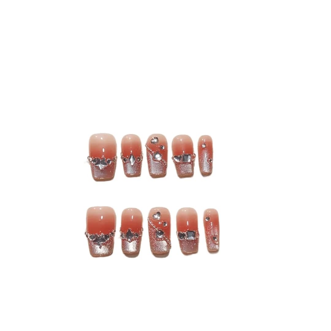Kort Firkantet Press-On Negler Katteøye Blush French Tip med Rhinestones