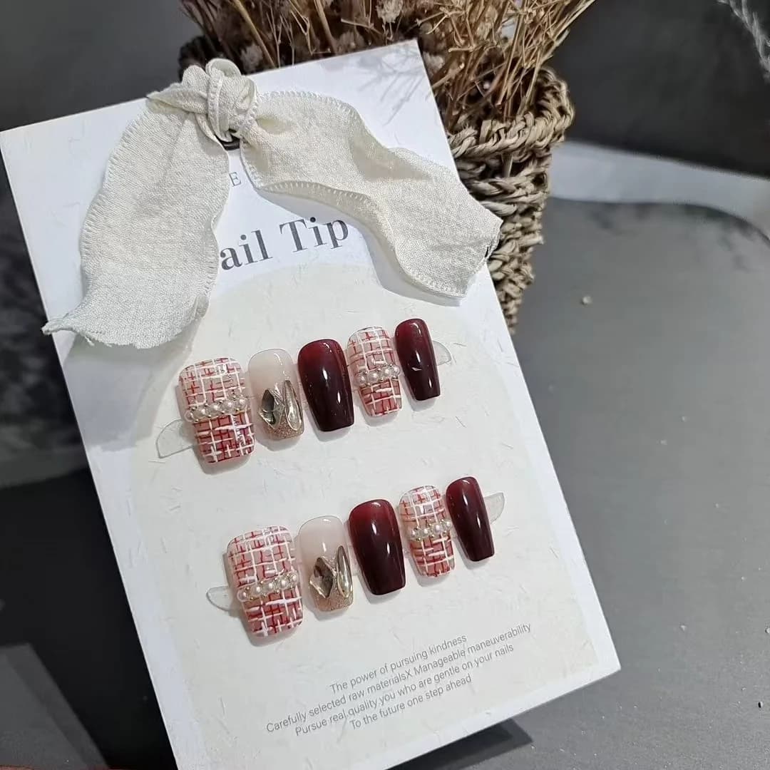 Tweed teksturert press-on negler katteøye glitter kort firkant
