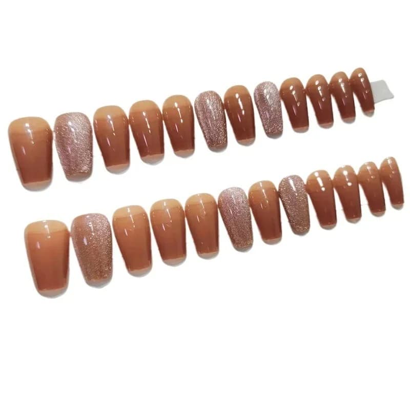 Brun Cat Eye Trykk-på Negler Medium Kisteform Høst/Vinter-stil