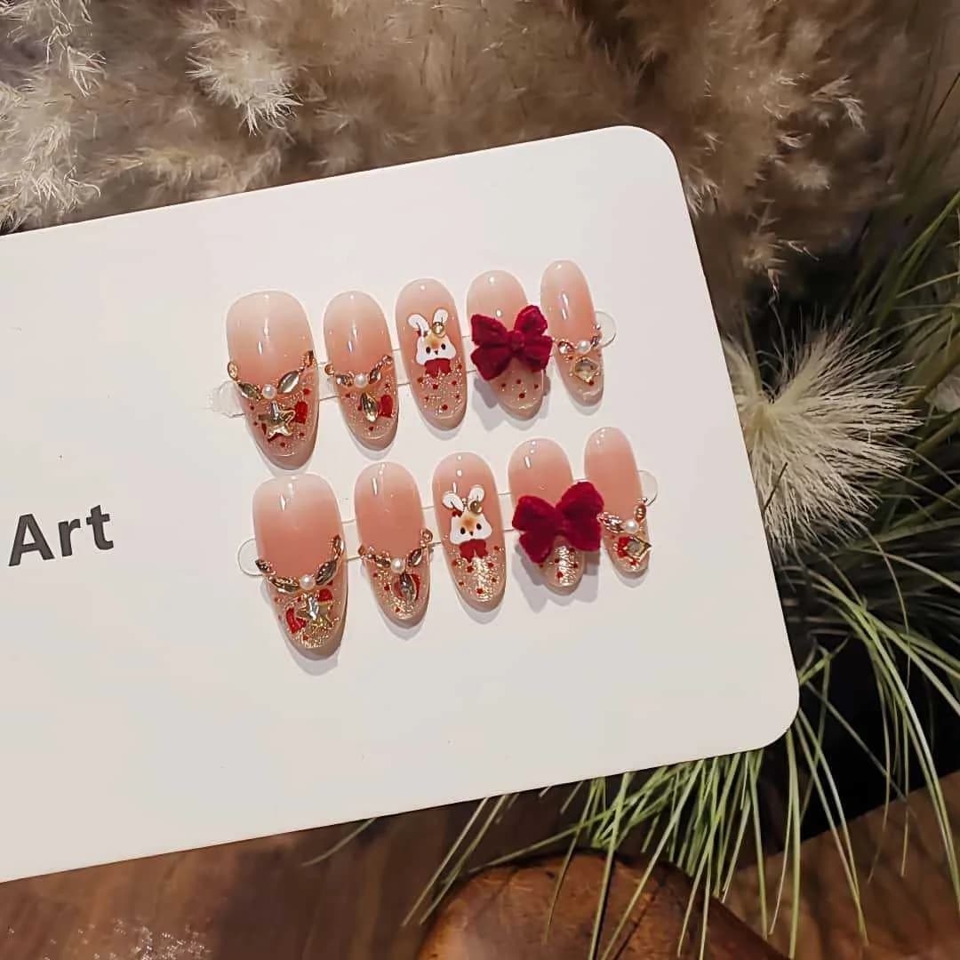 Kunstnegler Katteøye Fransktipp med Rhinestones og Sløyfe