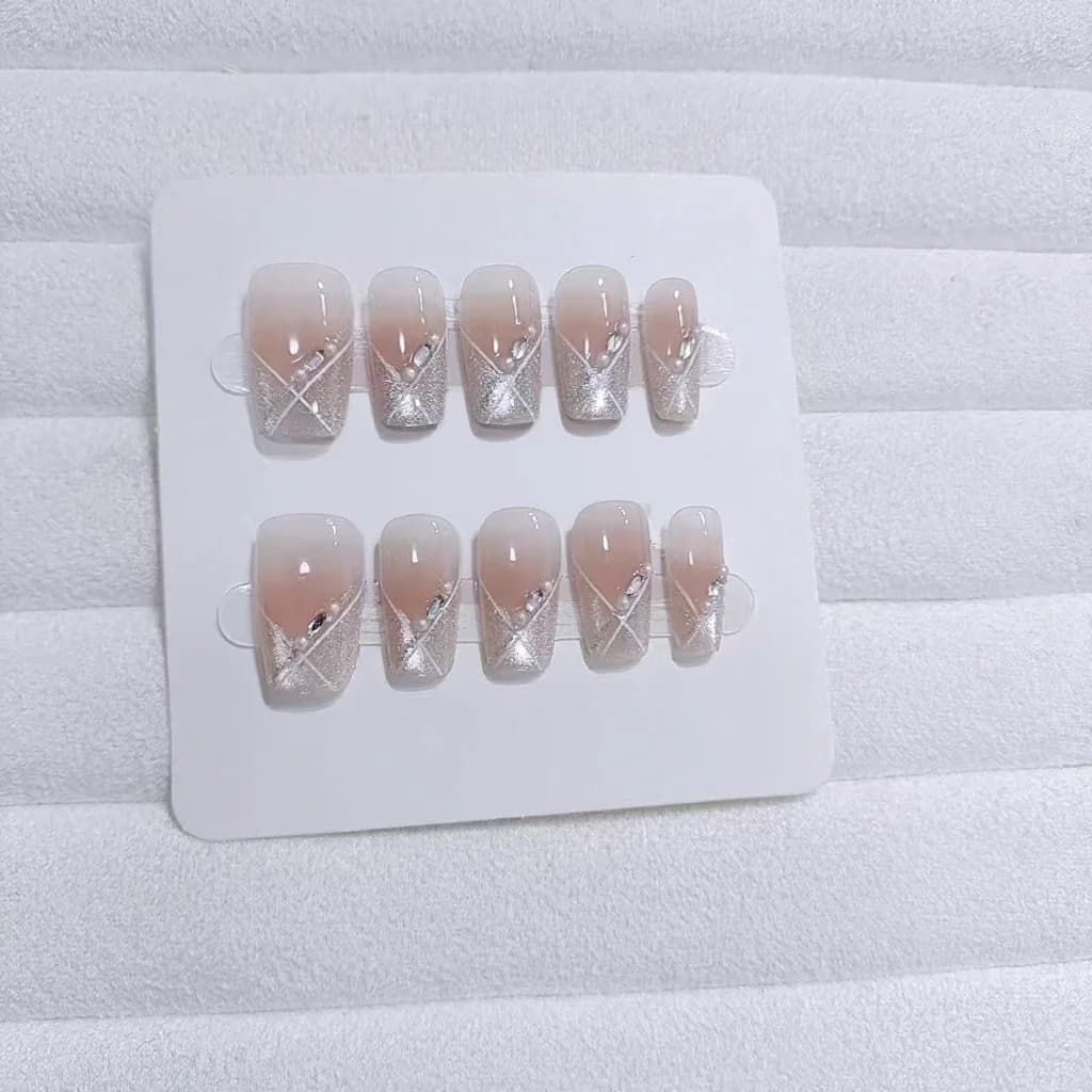 Cat Eye Trykk-på-negler Kort Kisteform Rosa Søt Stil 10 stk