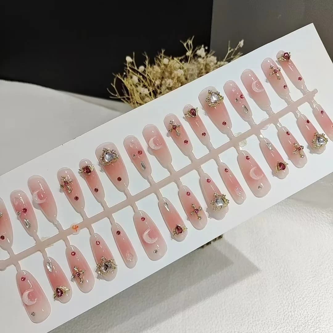Pålimbare negler med rhinestones, lang stilettform, 30 deler