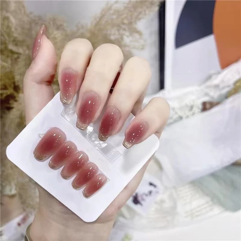 Solnedgang blush lange kisteformede press-on negler med måneskinn kromfinish