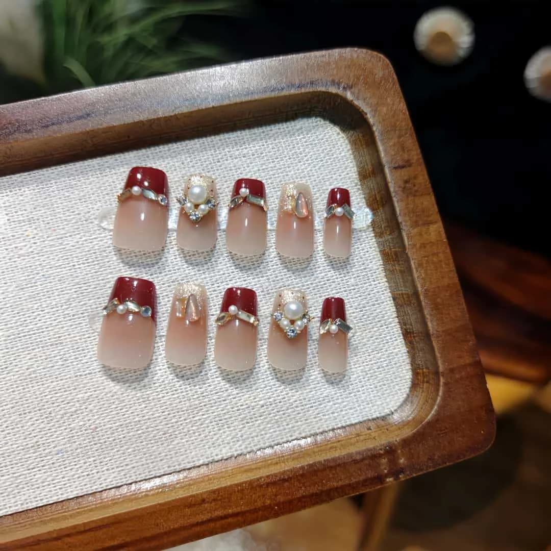 Røde Perle Kunstige Negler, Kort Kiste, Fransk Tupp, Glitter