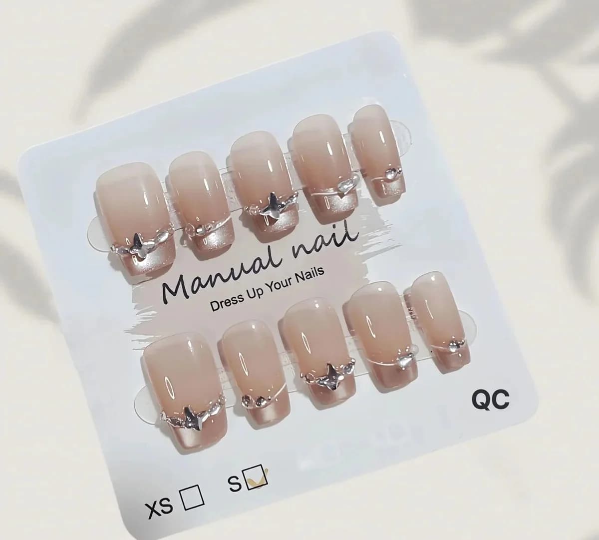 Franske Tips Trykk-på Negler med Sommerfugl Rhinestones og Cat Eye Effekt