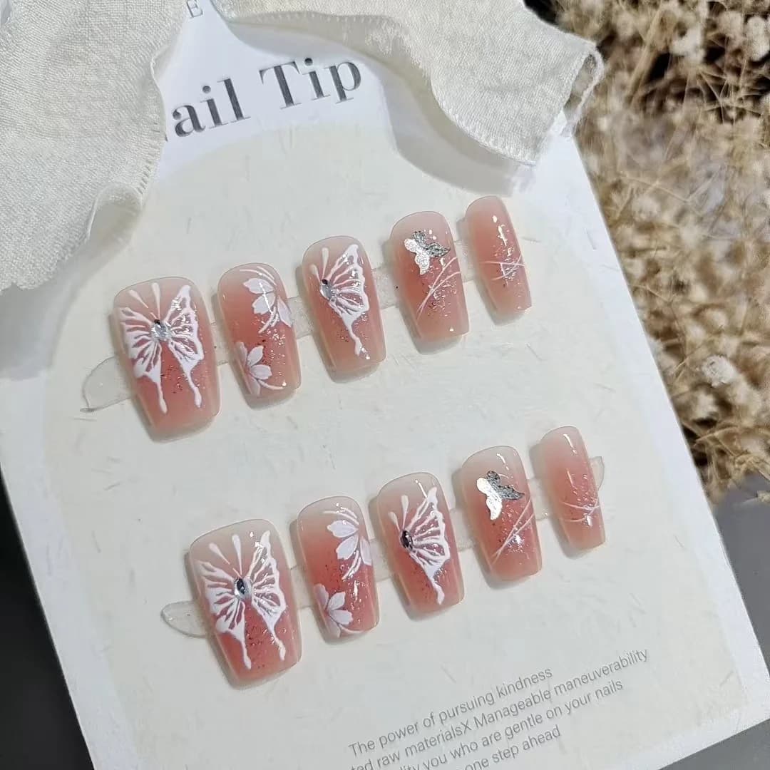 Kort Firkantet Trykk-på Negler med Sommerfugl Fransk Tips og Glitter