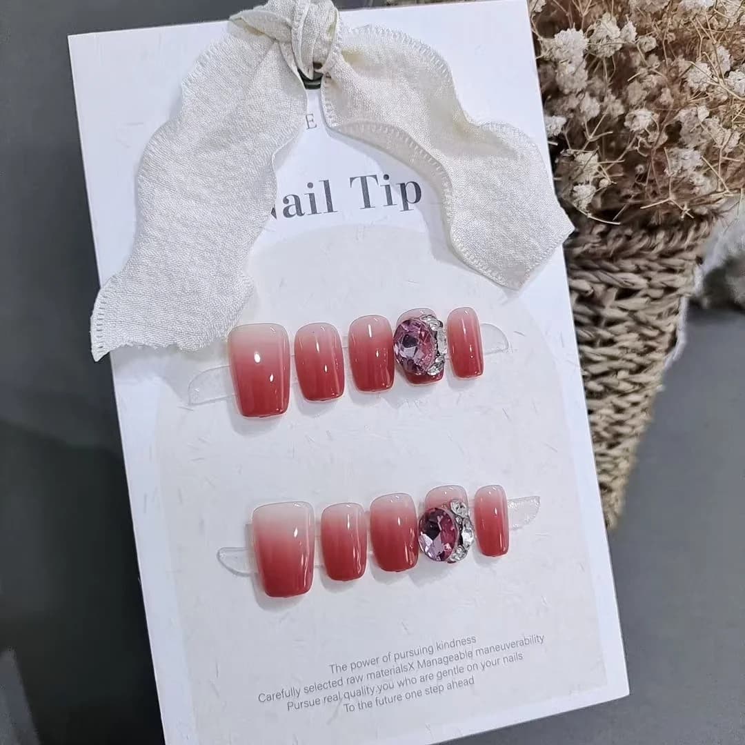 Rose Skog Gradient Trykk-på Negler med Store Rhinstener, Kort Kisteform