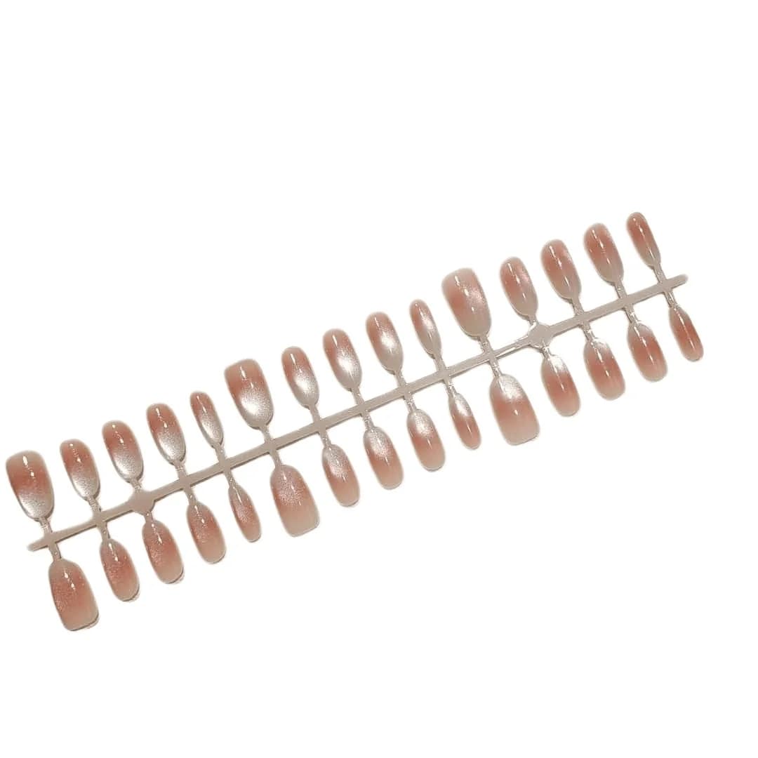 Oransje-rosa Cat Eye kunstige negler, kort medium oval