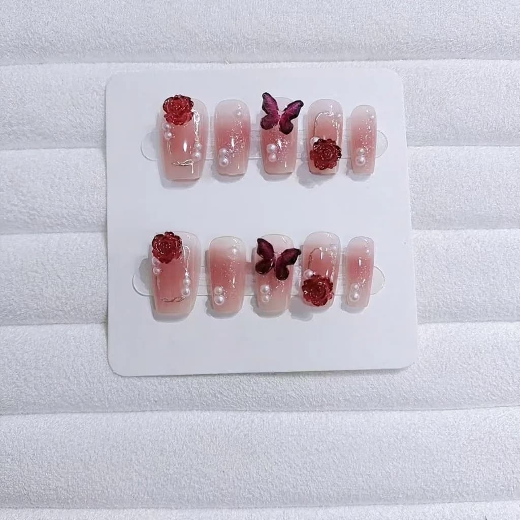 Kunstige negler kort kiste plomme blush gradient blomsterdesign 10 stk