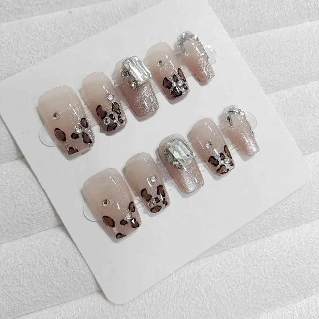 Leopardmønster Press-on Negler med Rhinestones Kort Kisteform
