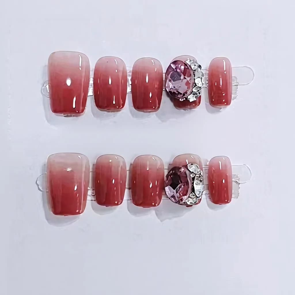 Rose Skog Gradient Trykk-på Negler med Store Rhinstener, Kort Kisteform