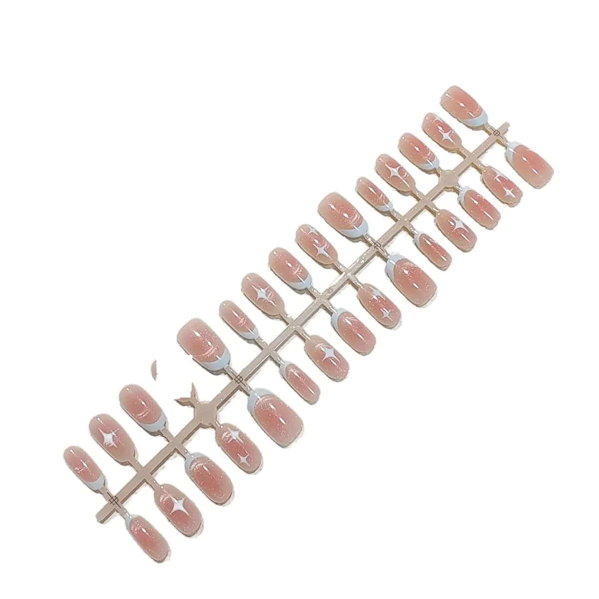 Kort oval Cat Eye kunstnegler rosa stjernehimmeldesign