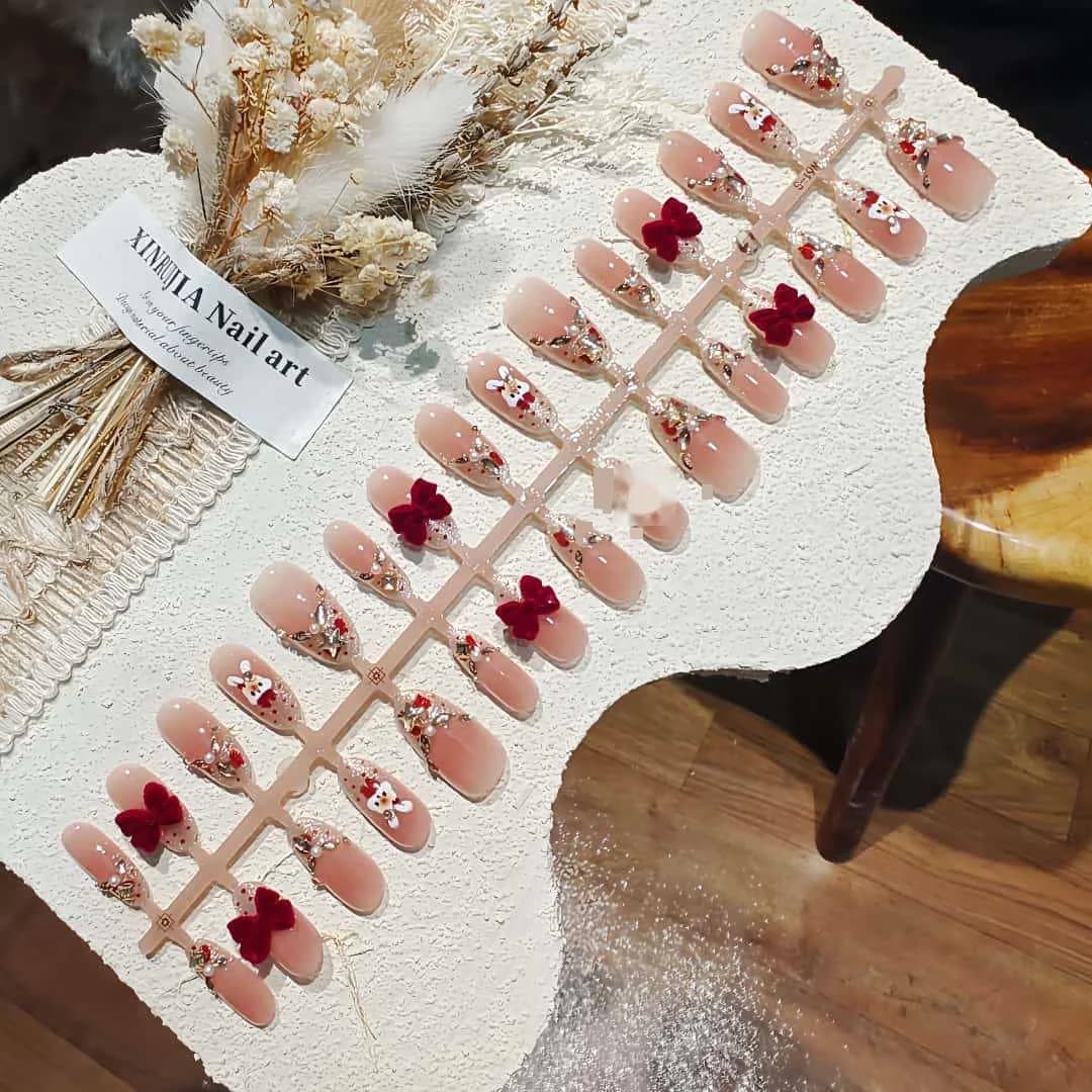 Kunstnegler Katteøye Fransktipp med Rhinestones og Sløyfe