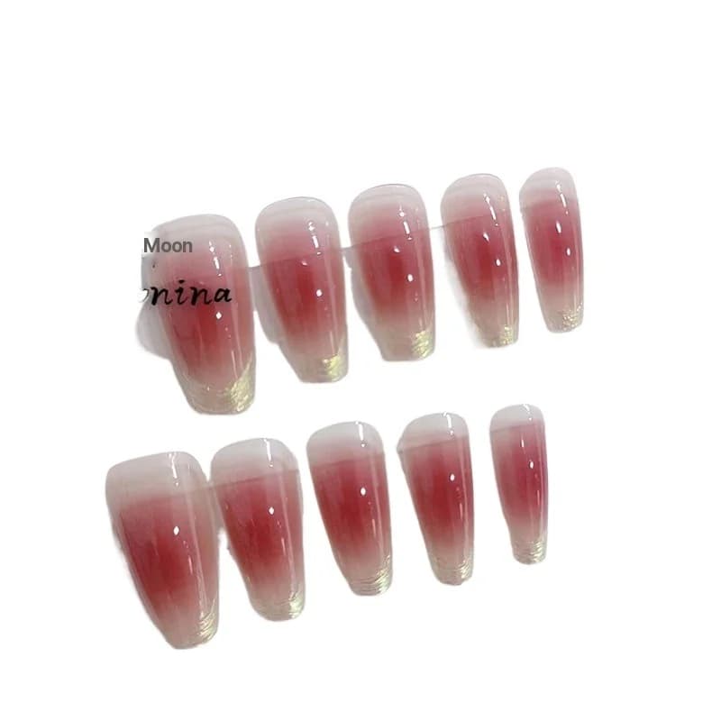 Solnedgang blush lange kisteformede press-on negler med måneskinn kromfinish