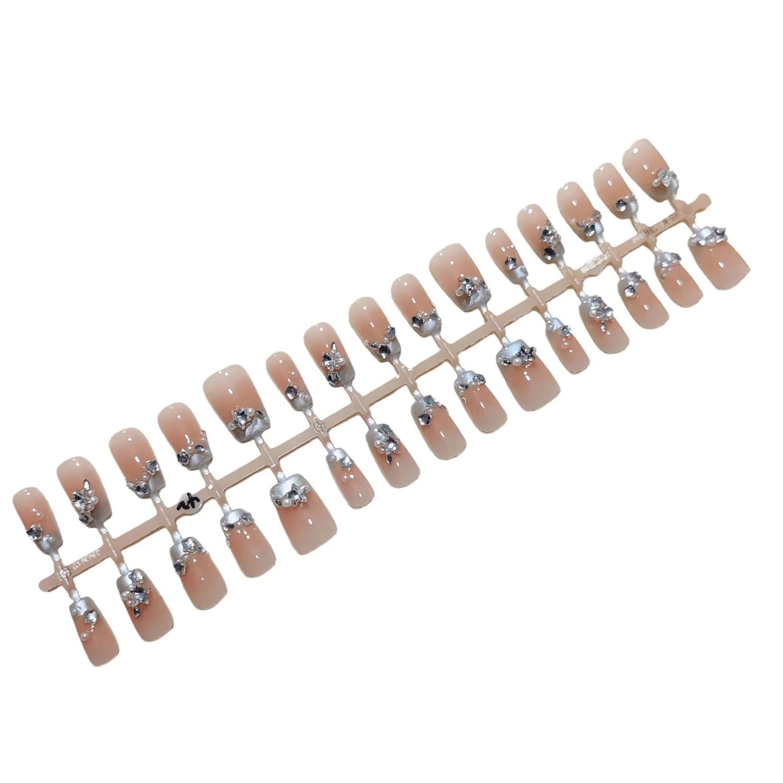 Blå franske spiss kunstige negler med perler og rhinestones
