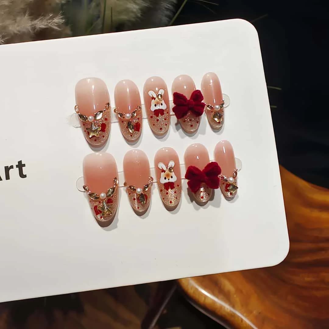 Kunstnegler Katteøye Fransktipp med Rhinestones og Sløyfe